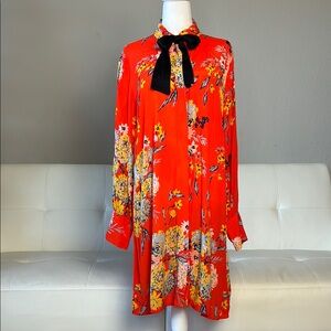 Zara Woman Elegant Red Floral Long Sleeve Button Down Tunic Dress with Black Bow